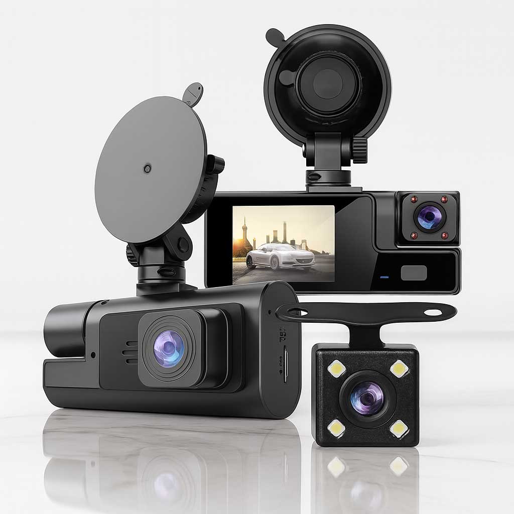 DriveSight – Dashkamera med 3 kameraer, 1080P-video, WiFi og nattsyn for overvåking foran, innvendig og bak
