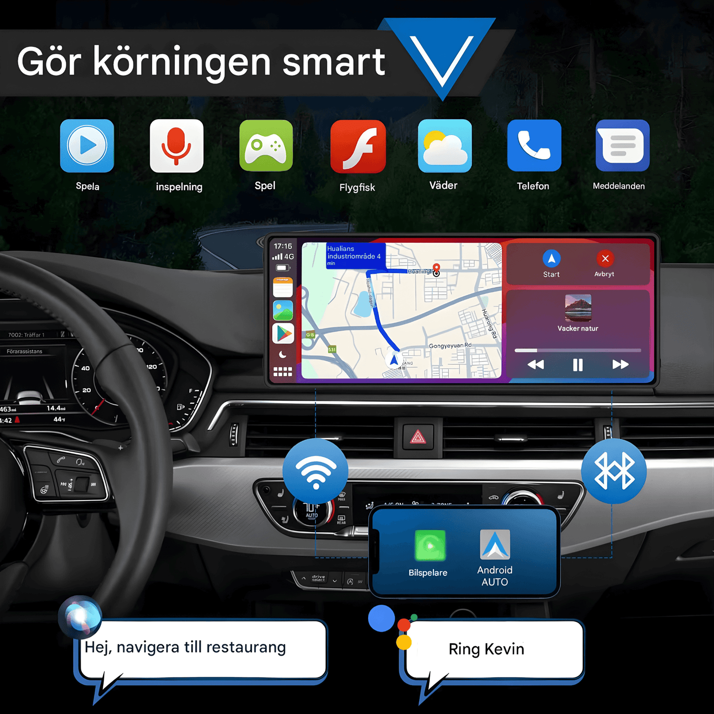 DriveView – Universal 10.26" Bilskärm med Trådlös CarPlay/Android Auto, WIFI, Touchscreen & Dubbelkamera-stöd