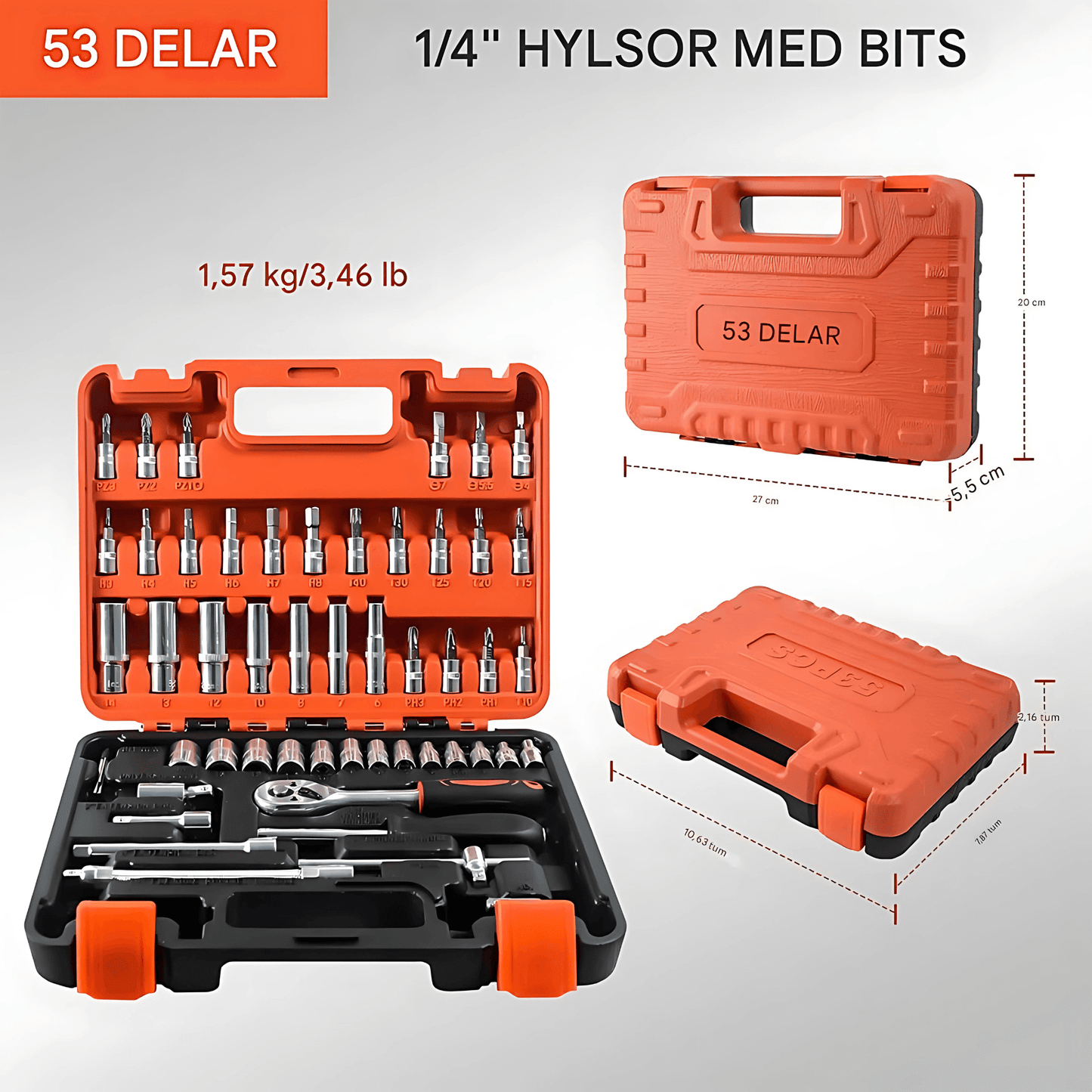 SteelMate - Verktygssats Bil & Hem | 53-delars Hylsnyckelset med Spärrskaft, Bits & Förlängare i Bärväska