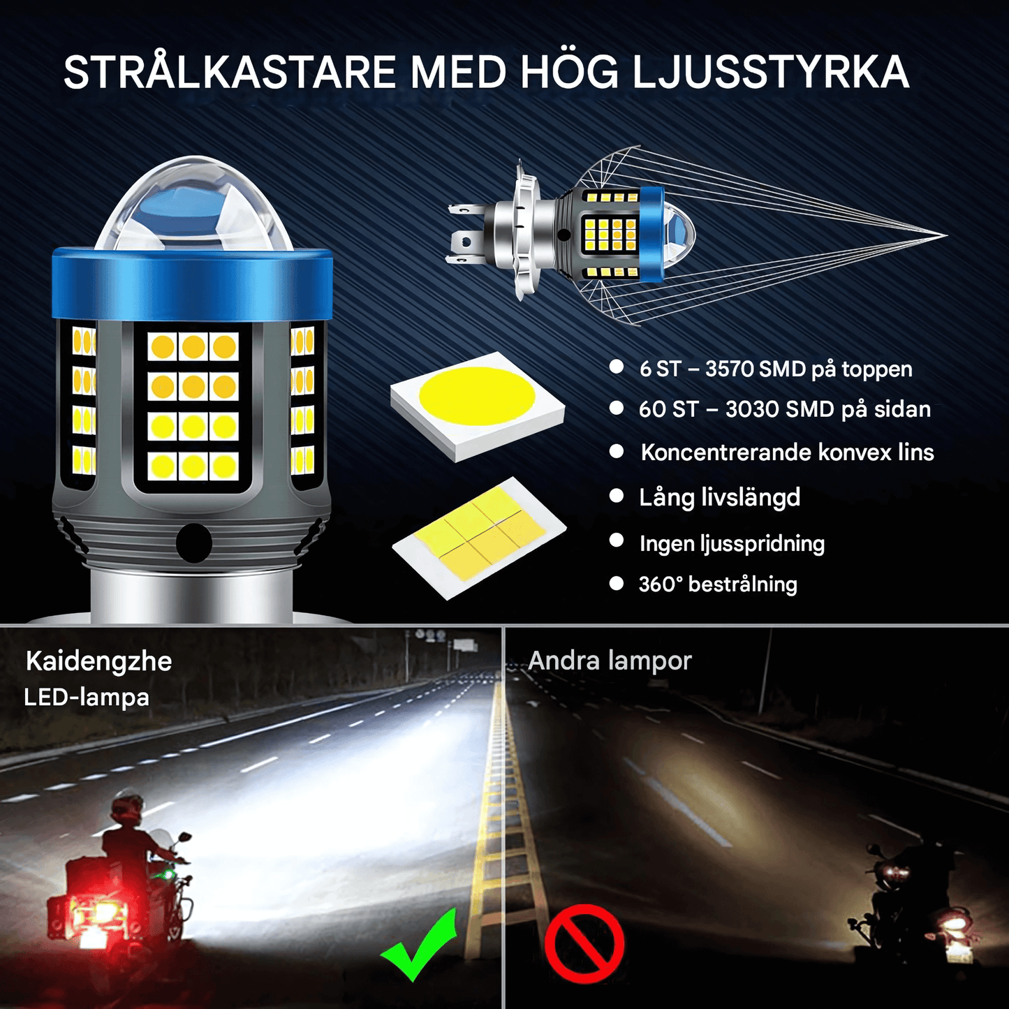 BrightGlide - LED motorsykkellys | H4 BA20D hvit og gul hi-lo frontlykt for scooter og MC