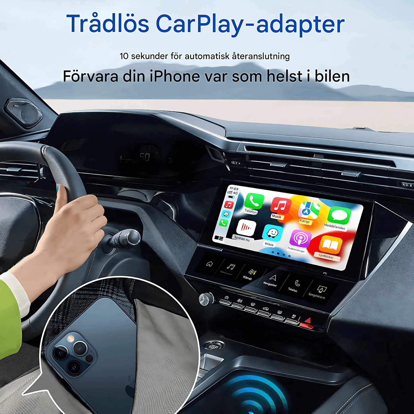 PlayWise – Trådløs CarPlay- og Android Auto-adapter med innebygde strømmeapper