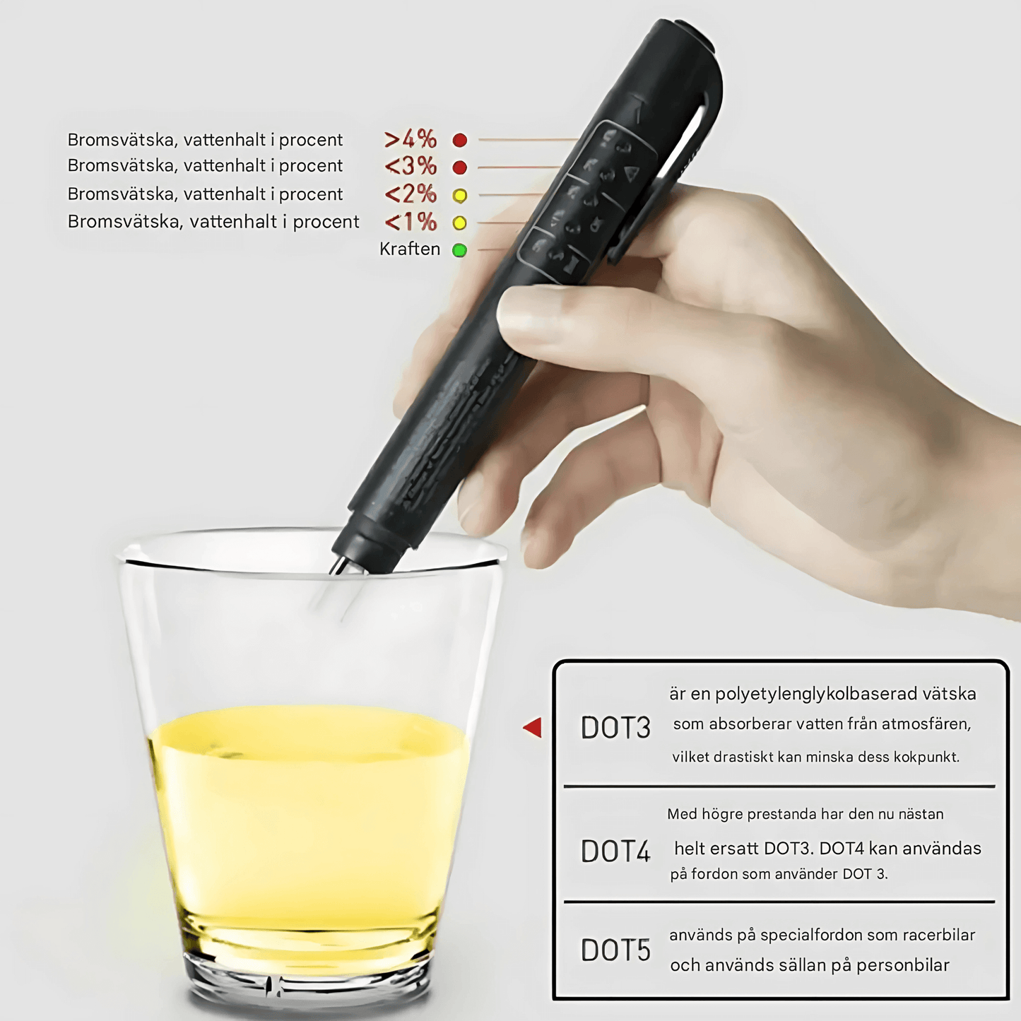 FluidCheck - Bromsvätskepenna | LED Tester för Bromsoljans Vattenhalt DOT3/DOT4/DOT5