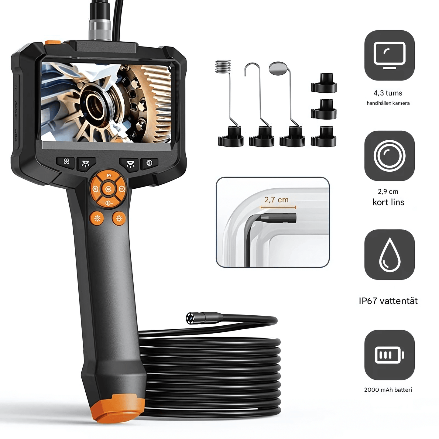 DeepView - Inspektionskamera | 4.3” IPS Skärm med 1080P HD, IP67 Vattentät Design och 8mm Lins för Bil- och Rörinspektion