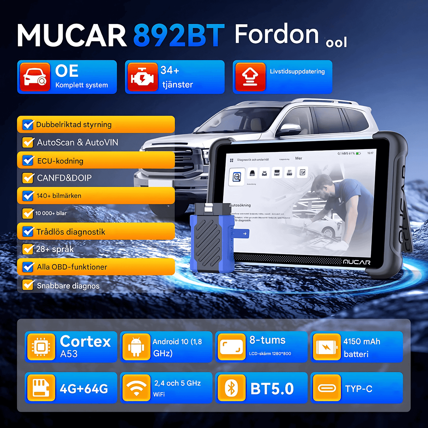 ScanForge - MUCAR 892BT OBD2 Diagnosverktyg | Fullsystem Bilscanner med Bi-Directional Test, 34 Resetfunktioner & ECU-Kodning