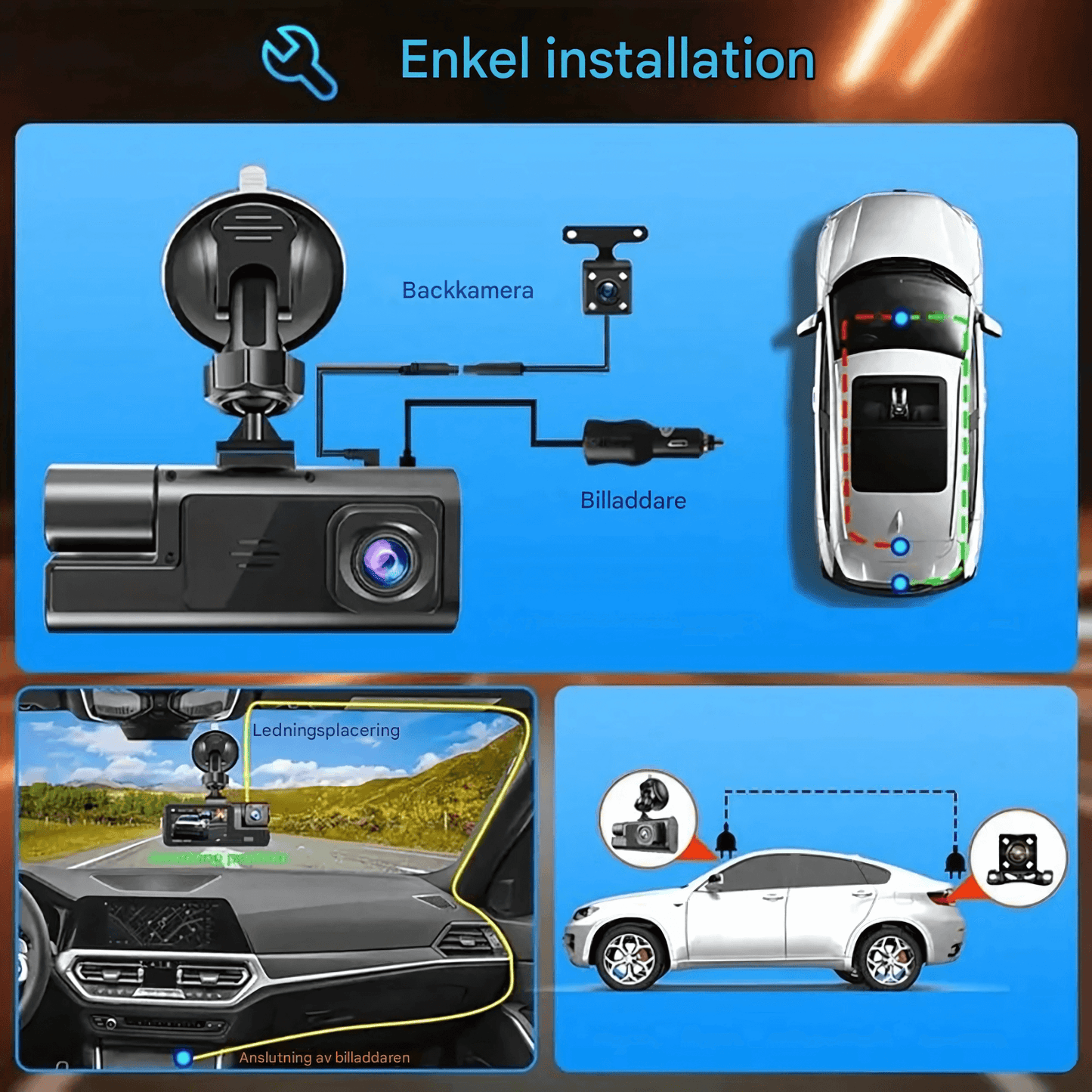 DriveSight – Dashkamera med 3 kameraer, 1080P-video, WiFi og nattsyn for overvåking foran, innvendig og bak
