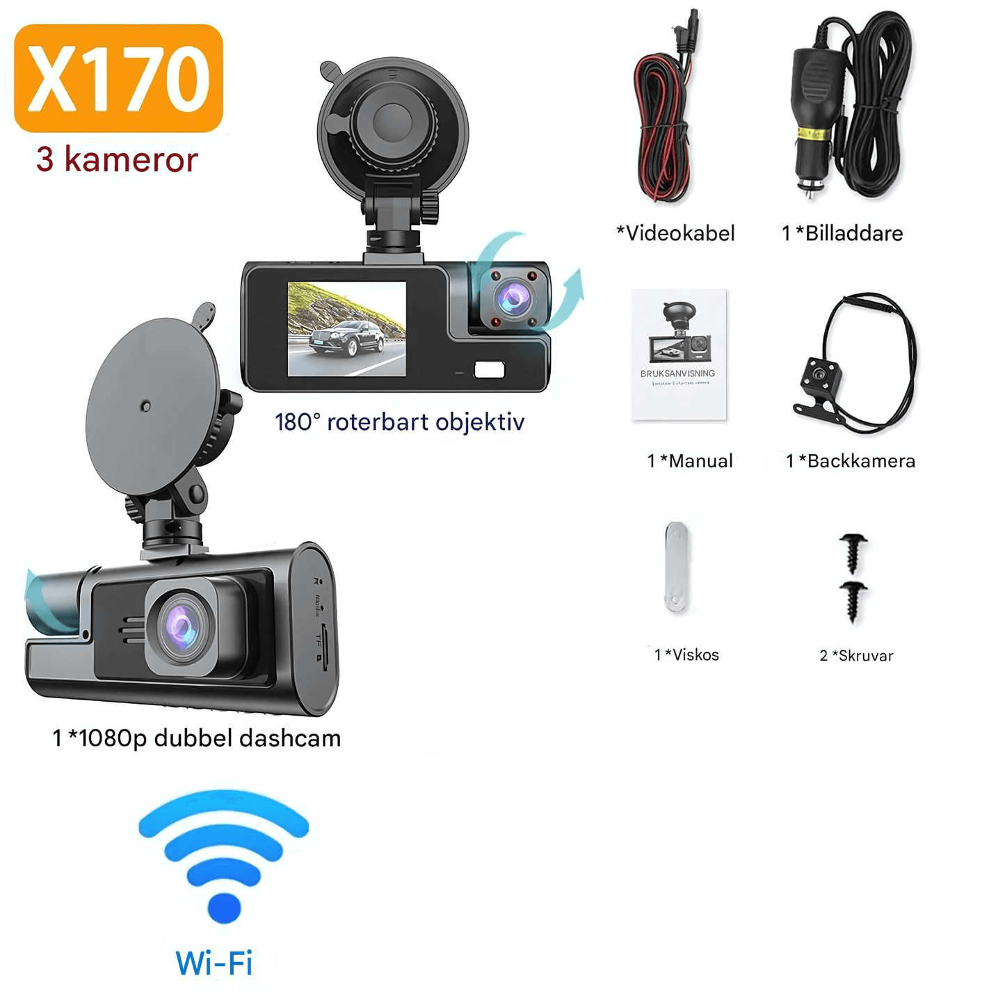 DriveSight – Dashkamera med 3 kameraer, 1080P-video, WiFi og nattsyn for overvåking foran, innvendig og bak