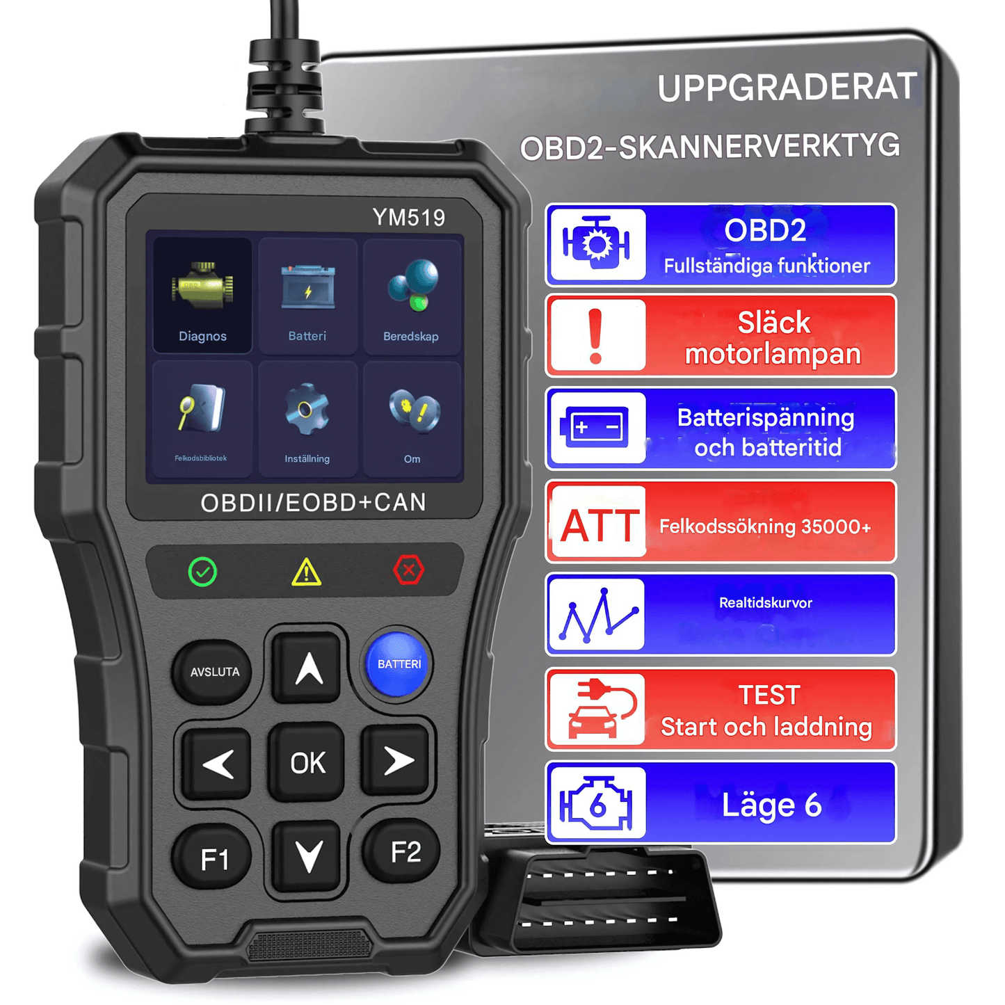 ScanNova - YM519 ProCheck | OBD2 Bilscanner med Batteritest, Felkodsläsare och Realtidsdata