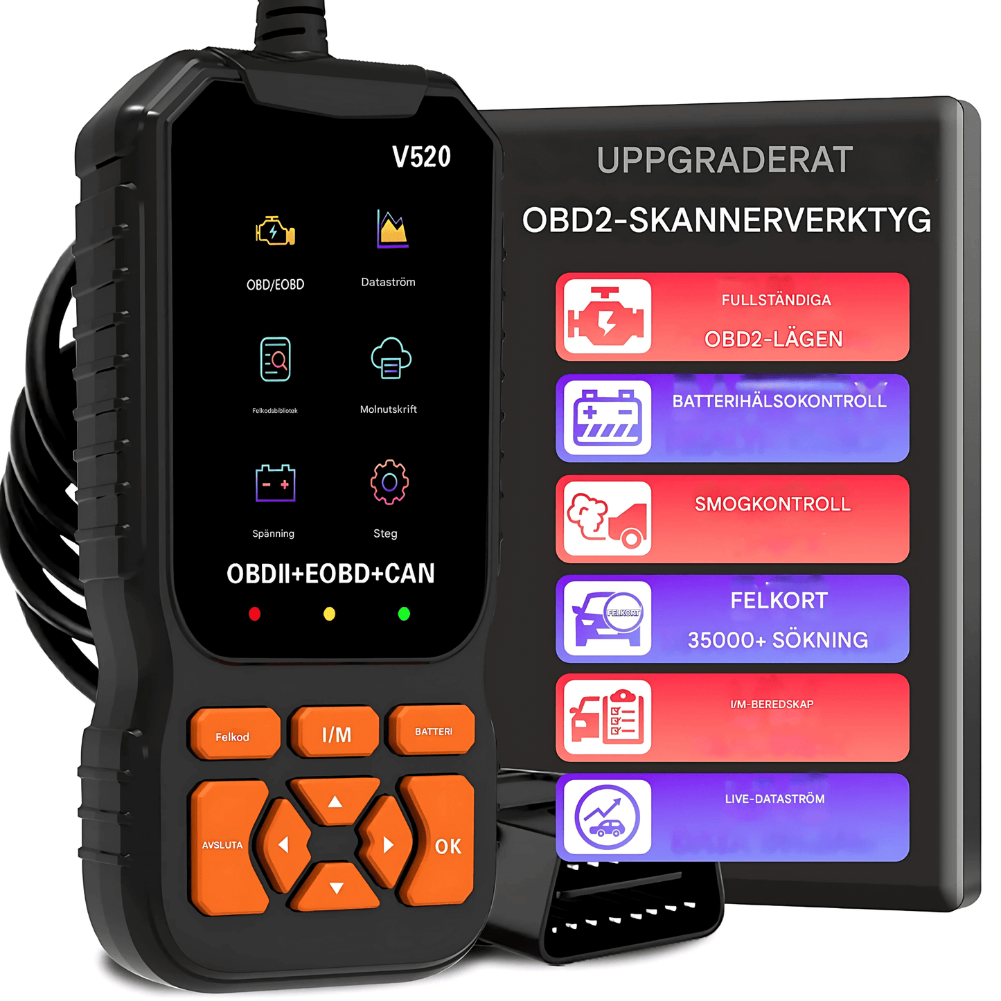 ScanDrive - V520 OBD2 Bilscanner med LiveData, Batteritest & Felkodsläsning för Bensin- och Dieselfordon