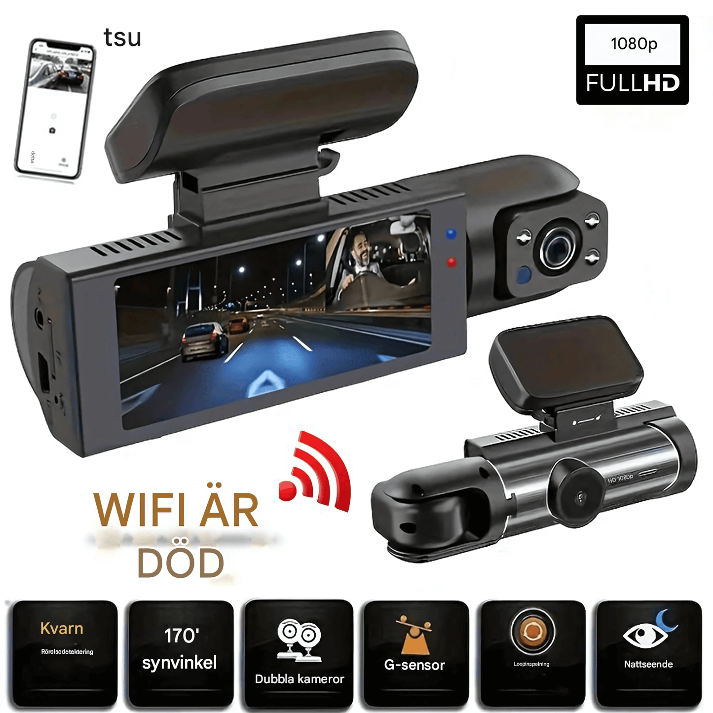RoadSight – 1080P WiFi Dashcam med Nattläge, Rörelsedetektering & 24h Parkeringsövervakning