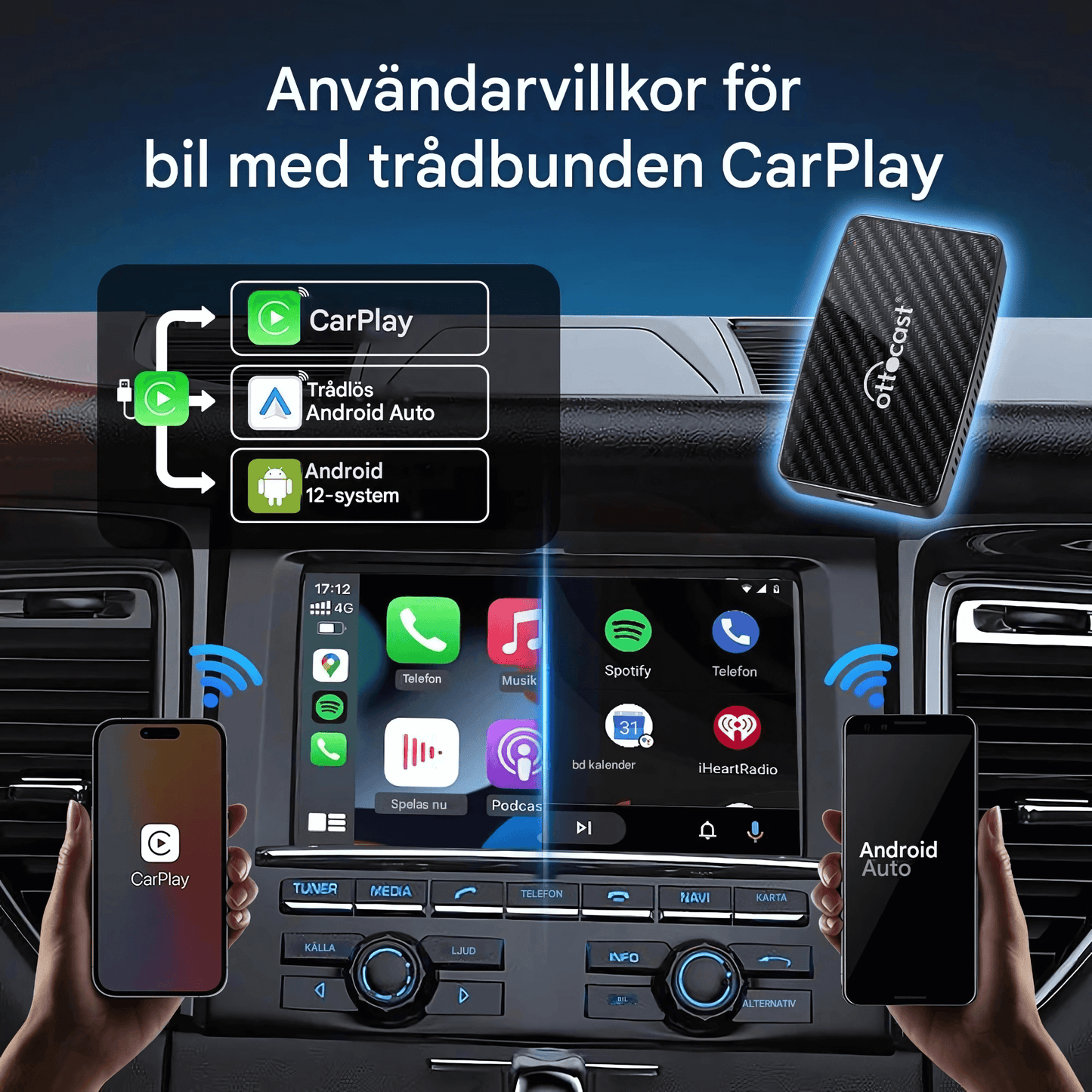 PlayWise – Trådløs CarPlay- og Android Auto-adapter med innebygde strømmeapper