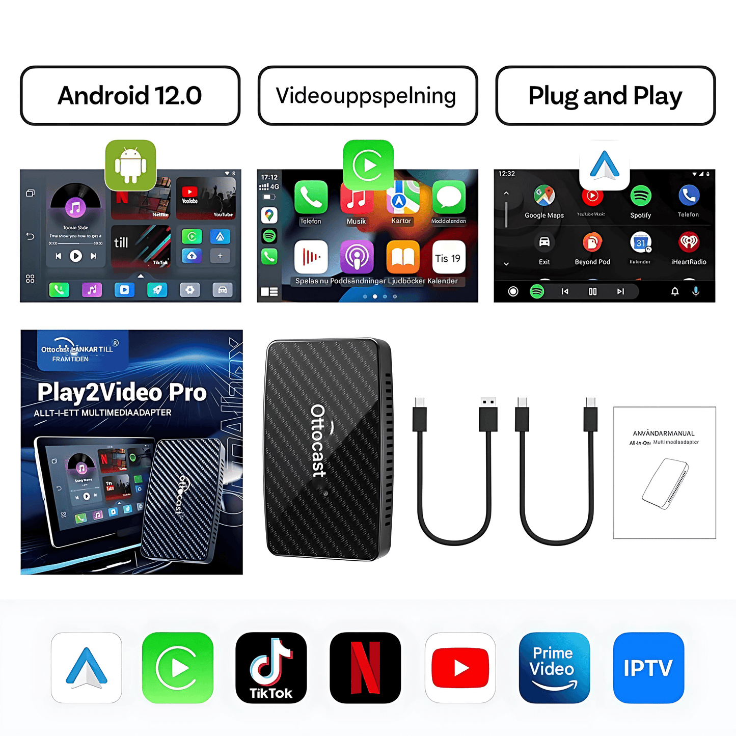 PlayWise – Trådløs CarPlay- og Android Auto-adapter med innebygde strømmeapper