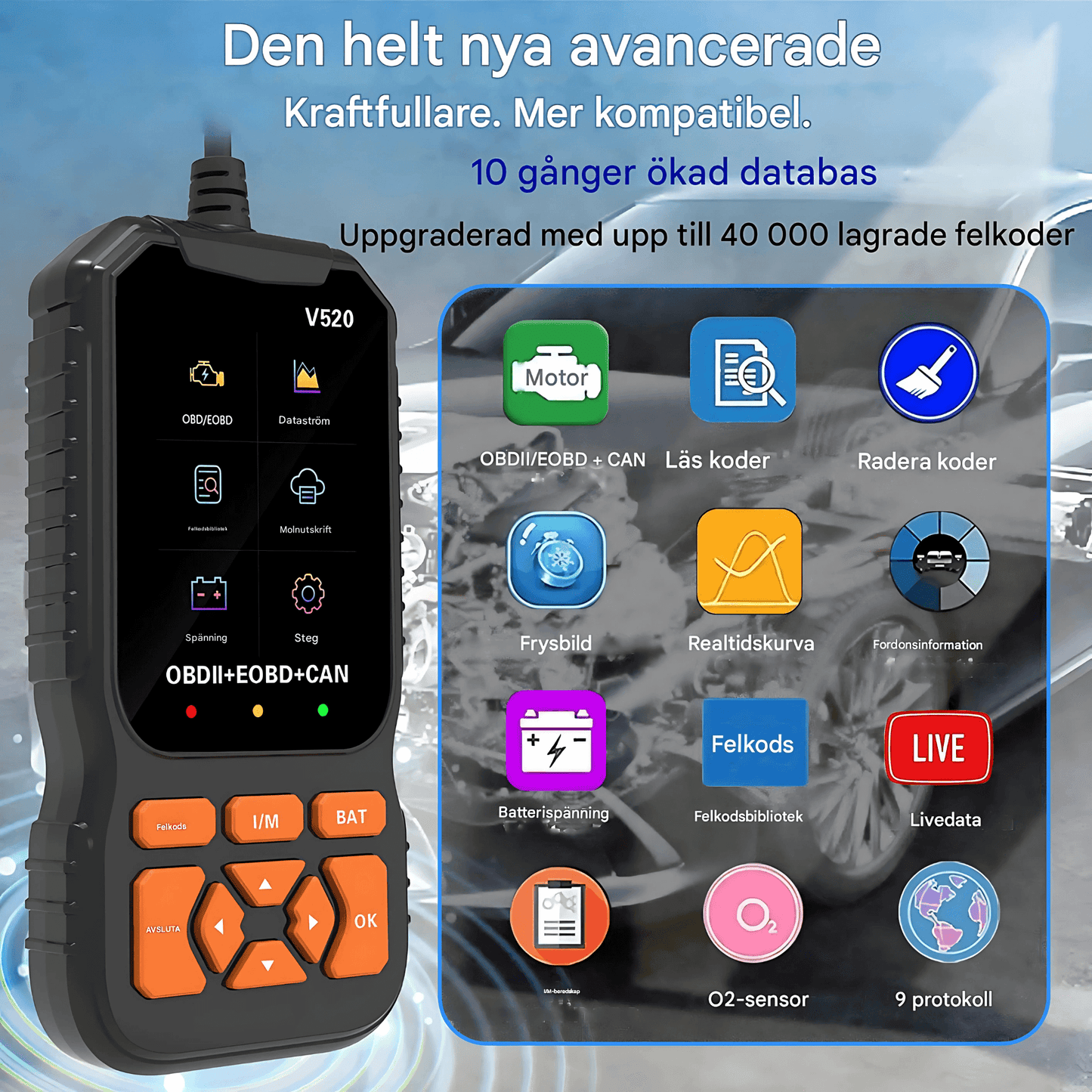 ScanDrive - V520 OBD2 Bilscanner med LiveData, Batteritest & Felkodsläsning för Bensin- och Dieselfordon