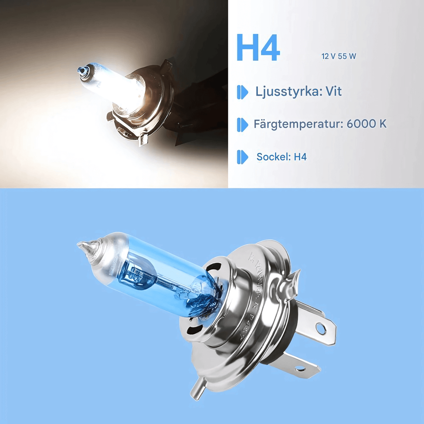 BrightBeam - 2-pack H4 Halogenlampa 12V 60/55W eller 100W | Xenonlook 6000K Vit Strålkastare för Bil | High/Low Beam P43T