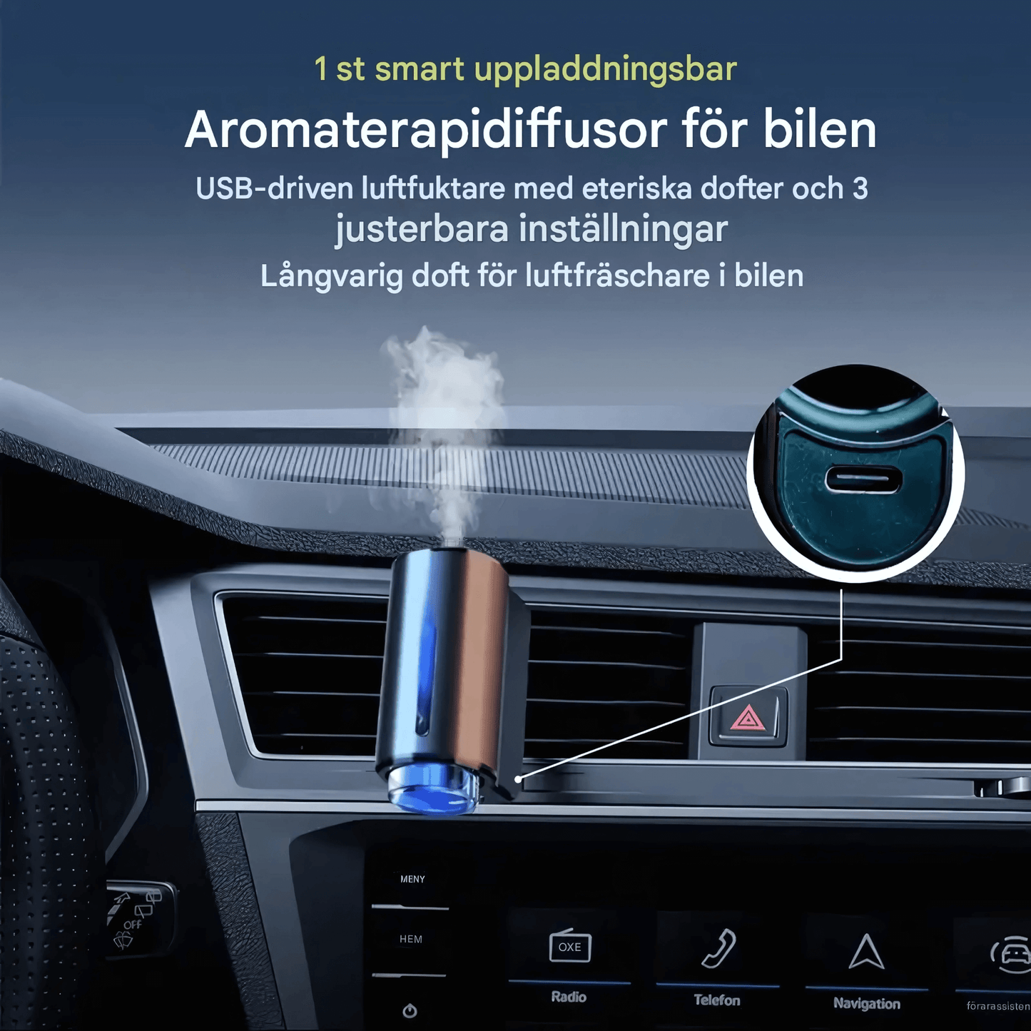 MistAura - Trådlös Elektrisk Aromadiffusor för Bil med Justerbar Doft och Ambient Light