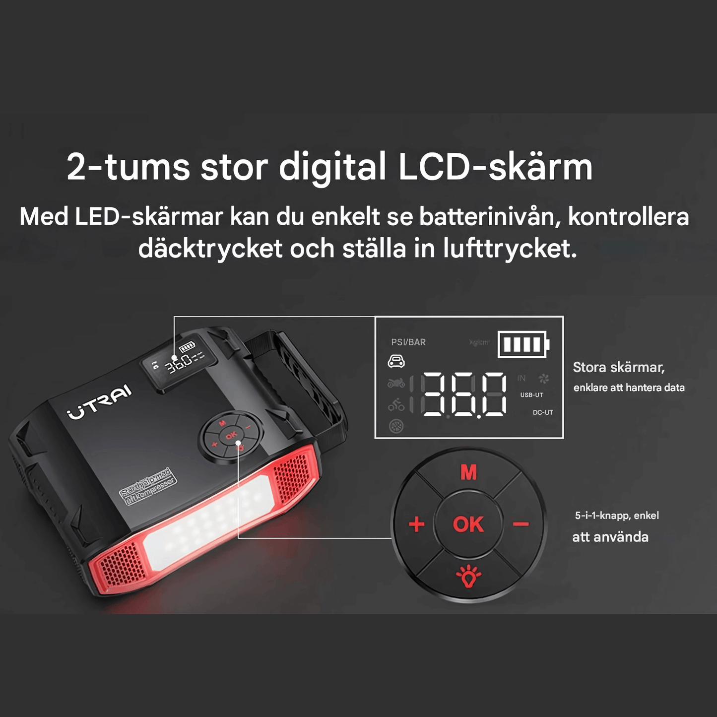 PowerSnap – 4-i-1 Bilstartare med 2000A, Luftkompressor, Powerbank & LED-ficklampa för Smidig och Säker Bilservice