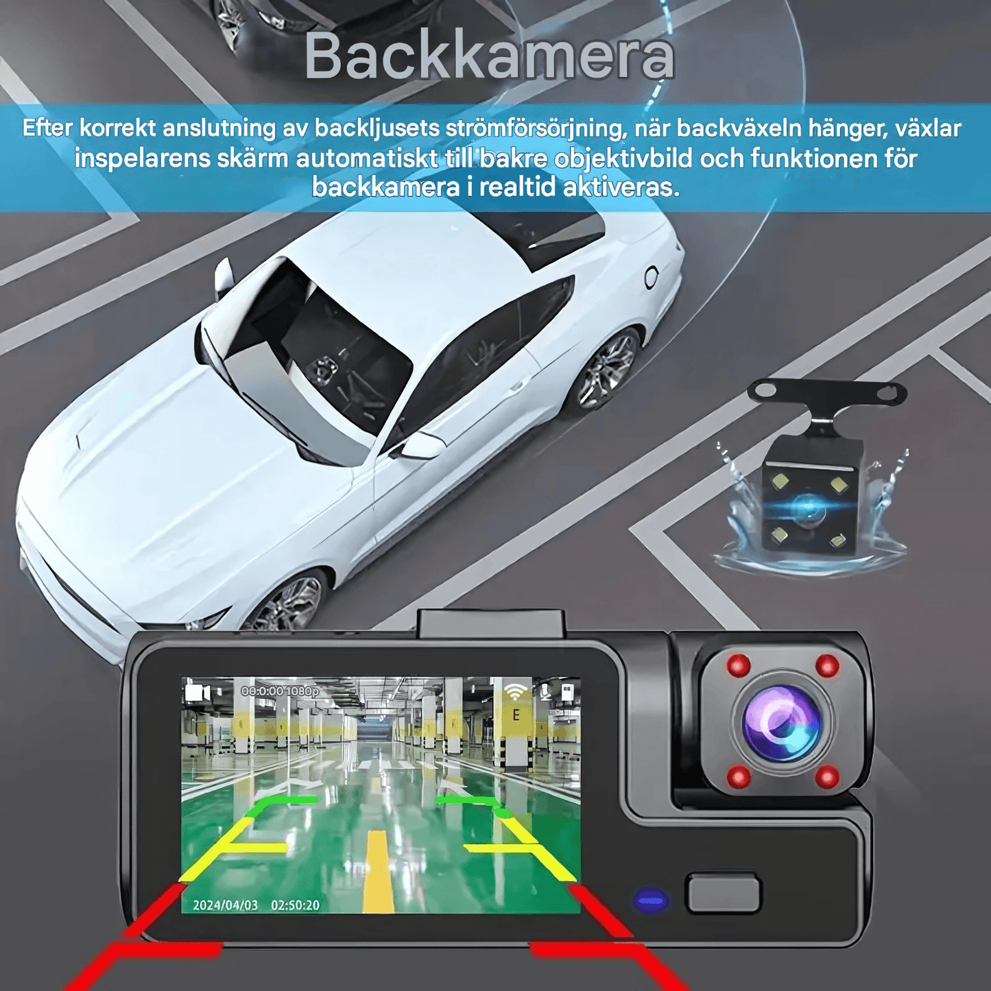 DriveSight – Dashkamera med 3 kameraer, 1080P-video, WiFi og nattsyn for overvåking foran, innvendig og bak