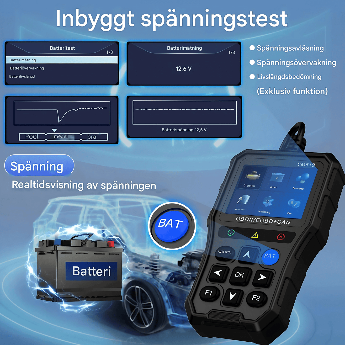 ScanNova - YM519 ProCheck | OBD2 Bilscanner med Batteritest, Felkodsläsare och Realtidsdata