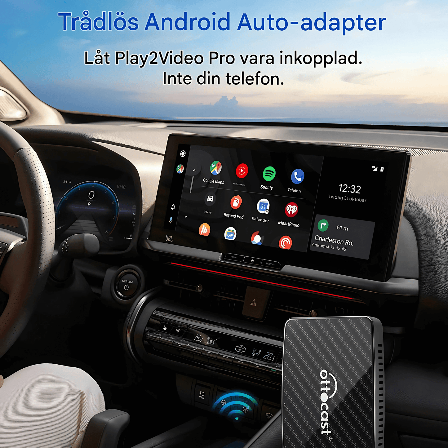 PlayWise – Trådløs CarPlay- og Android Auto-adapter med innebygde strømmeapper