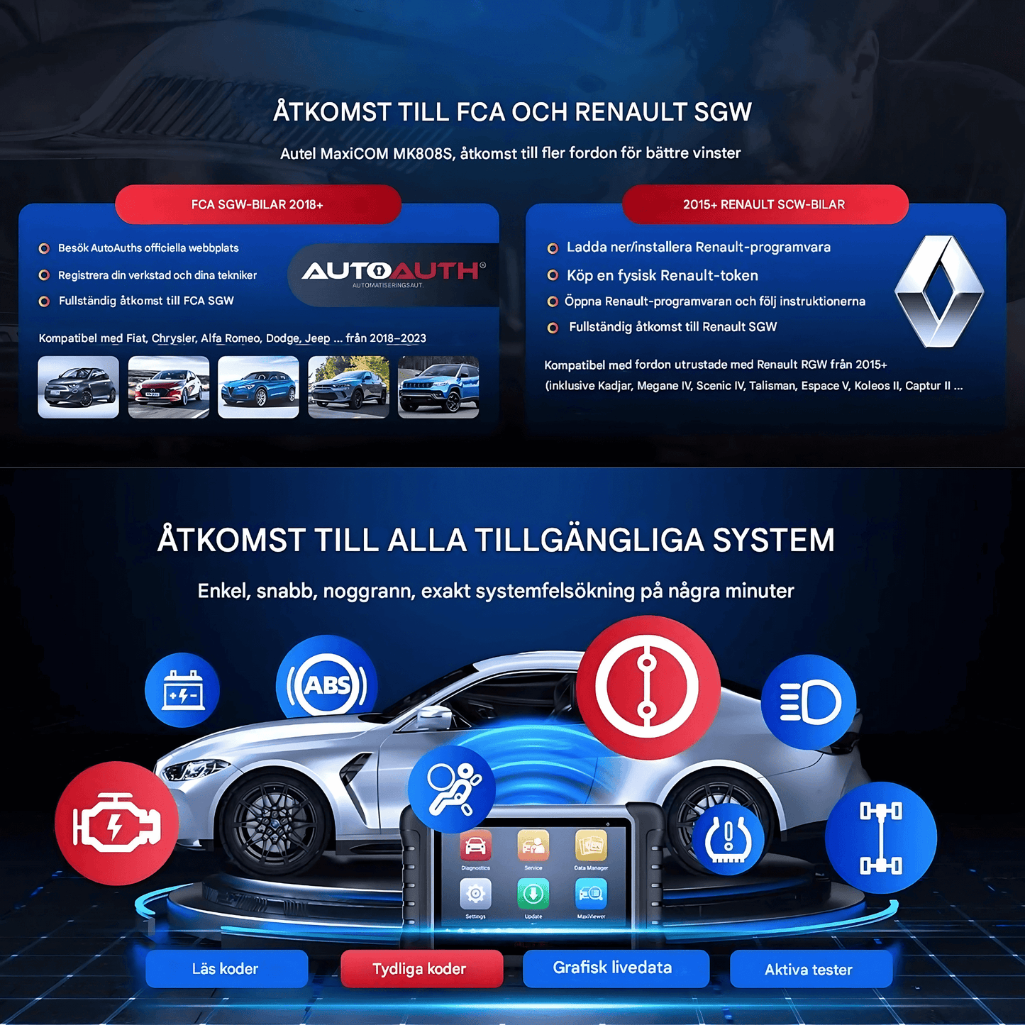 DiagMaster – Autel MaxiCOM MK808S Professionell OBD2 Diagnostikskanner med Bi‑riktad Kontroll & 38+ Servicefunktioner
