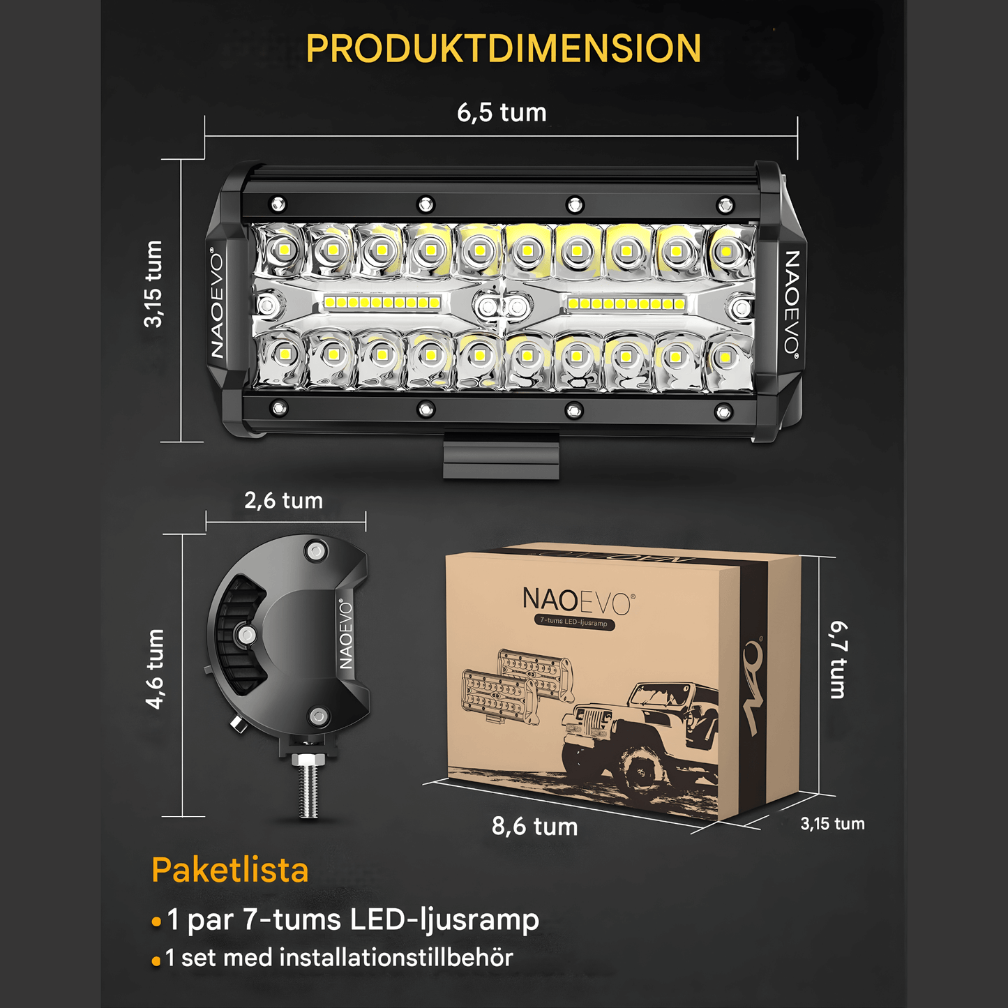 DriveFlux – NAOEVO 7" LED Ljusramp 240W Spot/Flood Combo IP68 Arbetsljus för Offroad, Bil, ATV, UTV & Båt