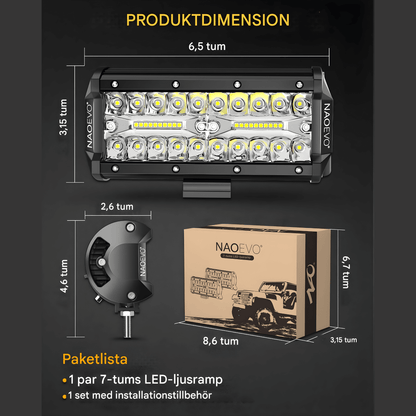 DriveFlux – NAOEVO 7" LED Ljusramp 240W Spot/Flood Combo IP68 Arbetsljus för Offroad, Bil, ATV, UTV & Båt