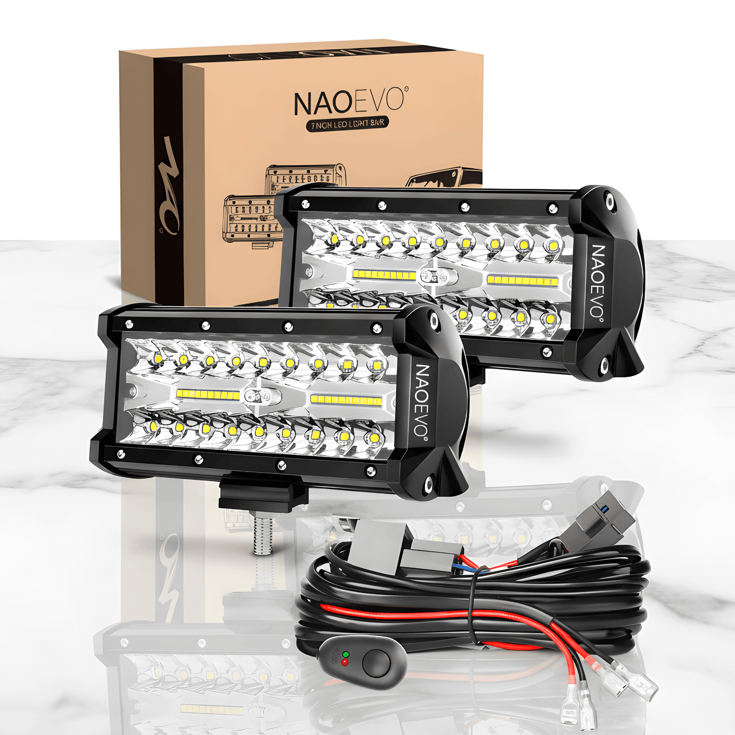 DriveFlux – NAOEVO 7" LED Ljusramp 240W Spot/Flood Combo IP68 Arbetsljus för Offroad, Bil, ATV, UTV & Båt
