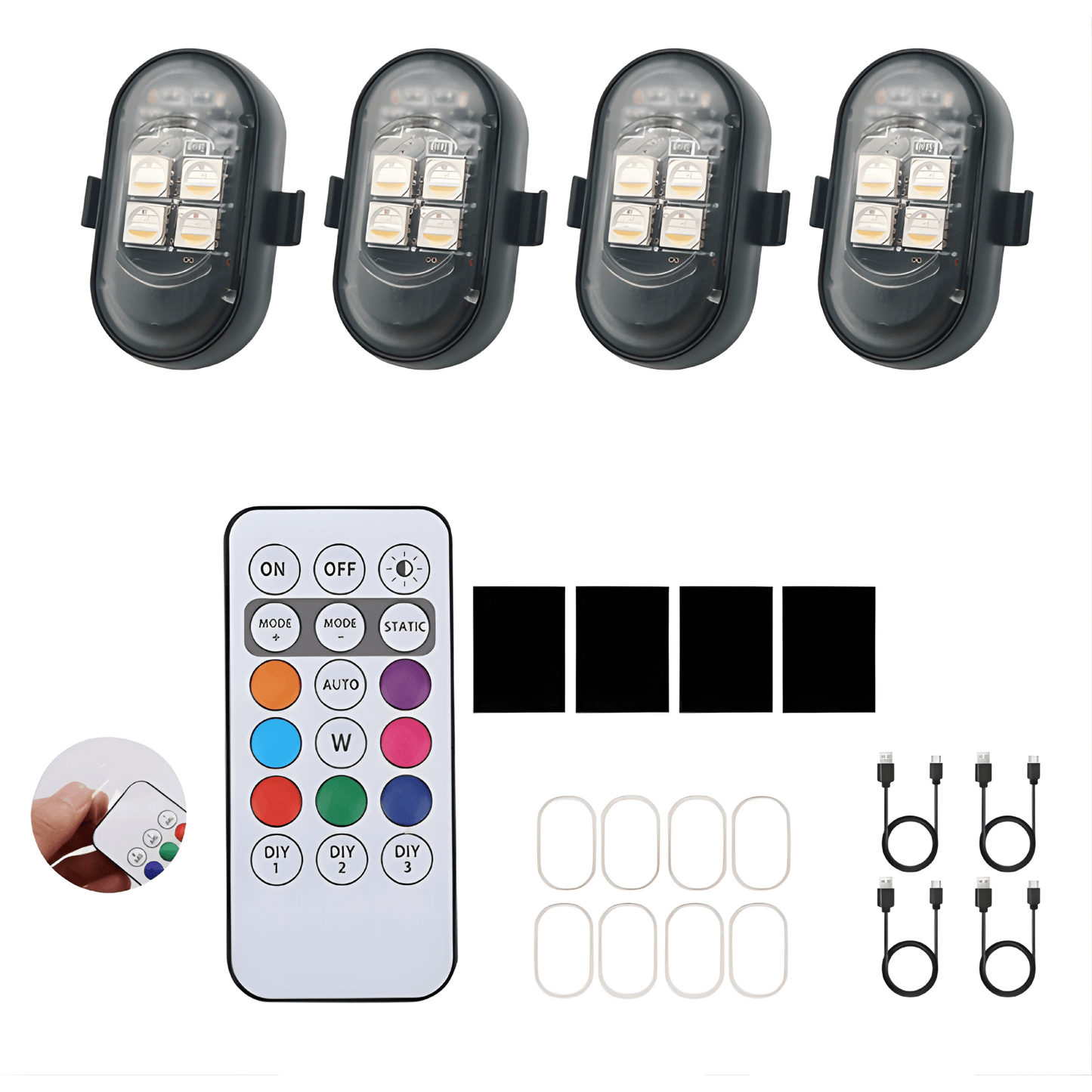 AeroGlow – RGB Strobe Lights för Bil, Motorcykel, Cykel och Drone med Trådlös Fjärrkontroll & Flera Ljuseffekter