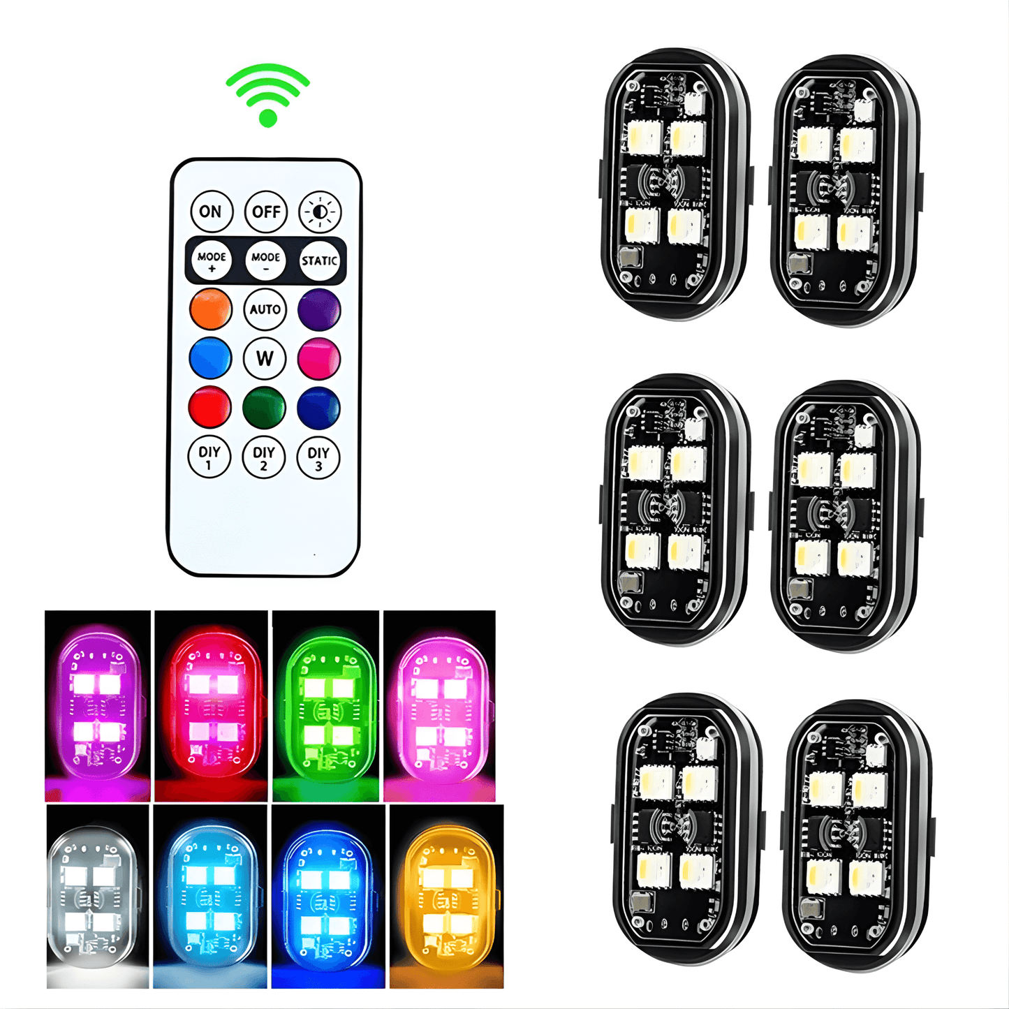 AeroGlow – RGB Strobe Lights för Bil, Motorcykel, Cykel och Drone med Trådlös Fjärrkontroll & Flera Ljuseffekter