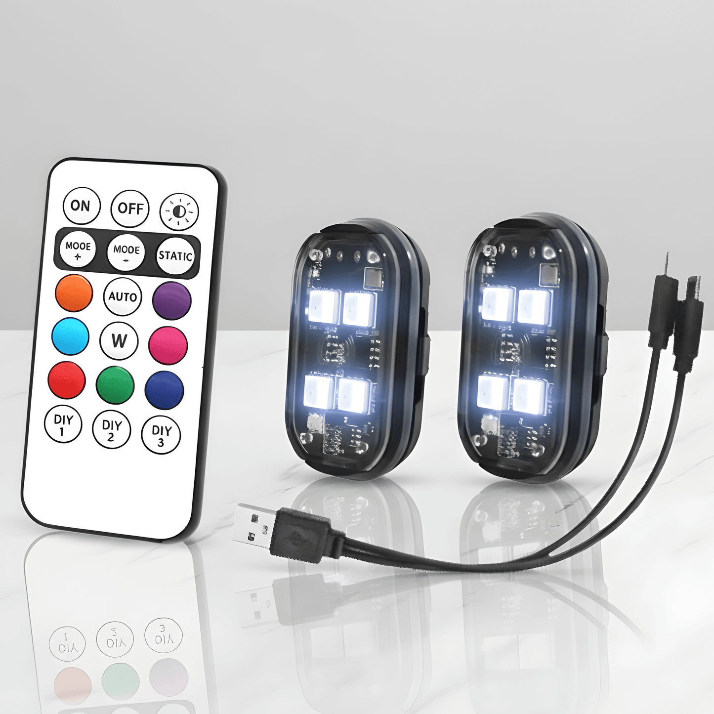 AeroGlow – RGB Strobe Lights för Bil, Motorcykel, Cykel och Drone med Trådlös Fjärrkontroll & Flera Ljuseffekter