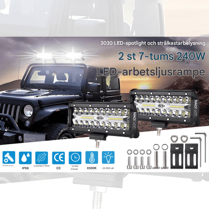 DriveFlux – NAOEVO 7" LED Ljusramp 240W Spot/Flood Combo IP68 Arbetsljus för Offroad, Bil, ATV, UTV & Båt