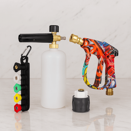 BlastGrip - Professionelt højtrykshåndtag med justerbar dysepakke & Kompatible M22/Kärcher-adaptere til rengøring