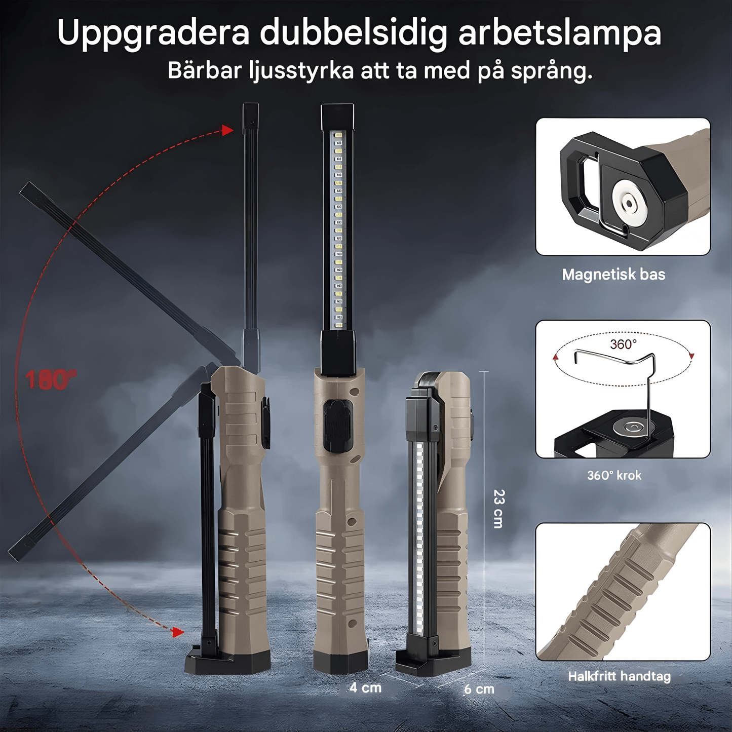 BrightMag – Uppladdningsbar COB+XPE LED Arbetslampa med Magnetfot, Krok och Flera Ljusstyrkor