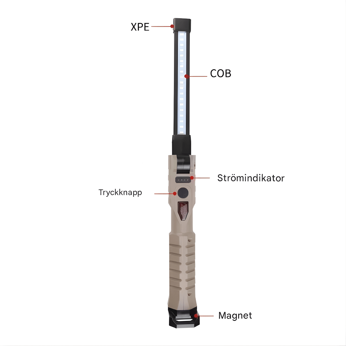 BrightMag – Uppladdningsbar COB+XPE LED Arbetslampa med Magnetfot, Krok och Flera Ljusstyrkor