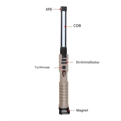 BrightMag – Uppladdningsbar COB+XPE LED Arbetslampa med Magnetfot, Krok och Flera Ljusstyrkor
