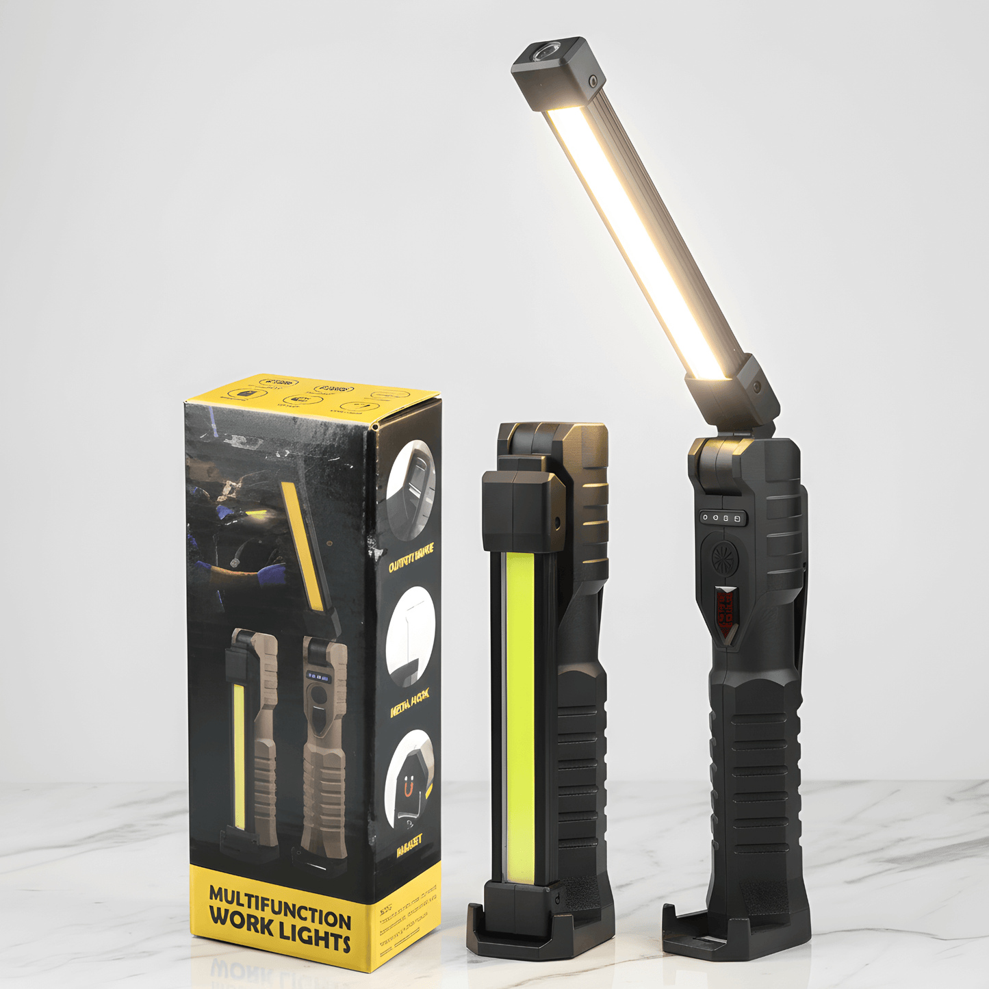 BrightMag – Uppladdningsbar COB+XPE LED Arbetslampa med Magnetfot, Krok och Flera Ljusstyrkor