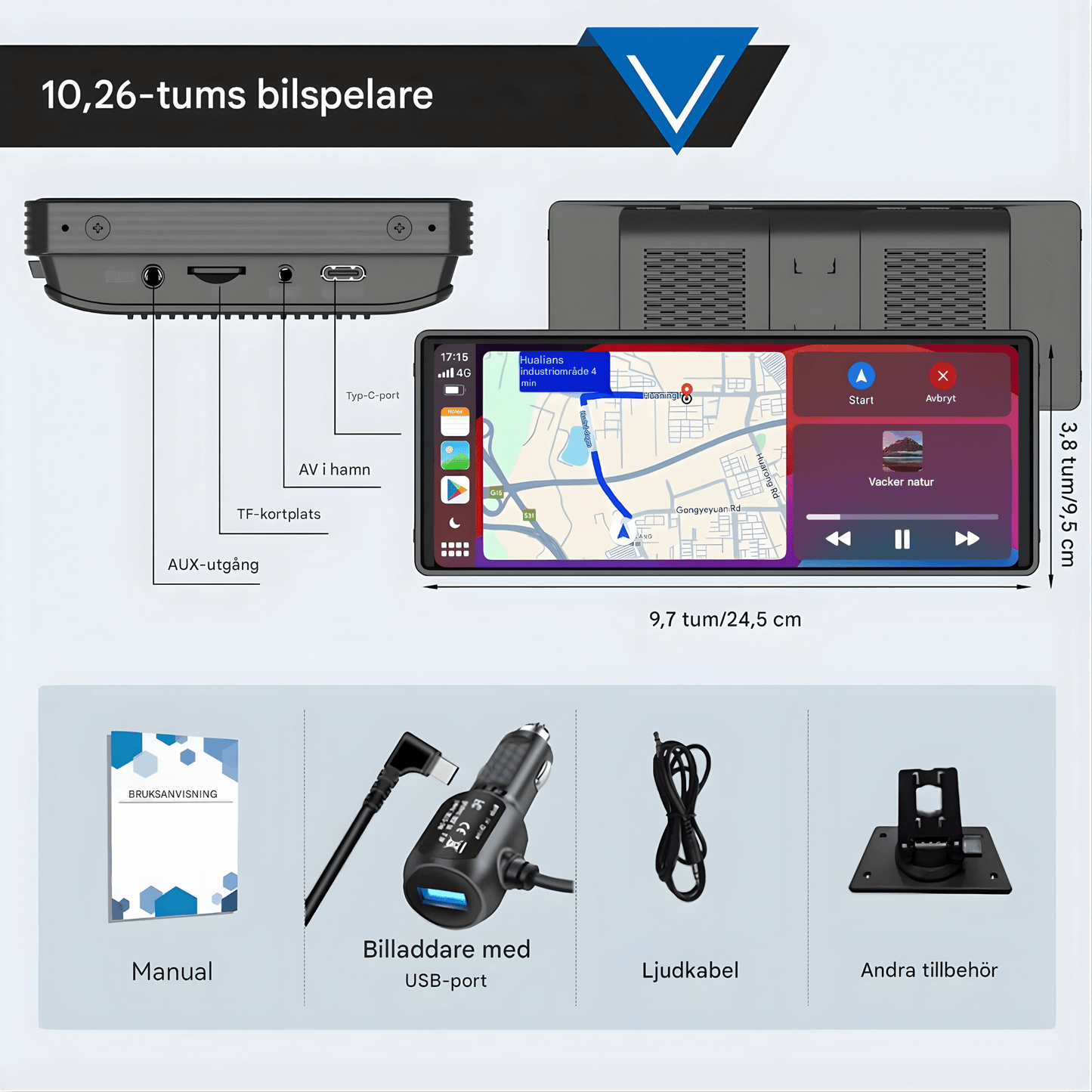 DriveView – Universal 10.26" Bilskärm med Trådlös CarPlay/Android Auto, WIFI, Touchscreen & Dubbelkamera-stöd
