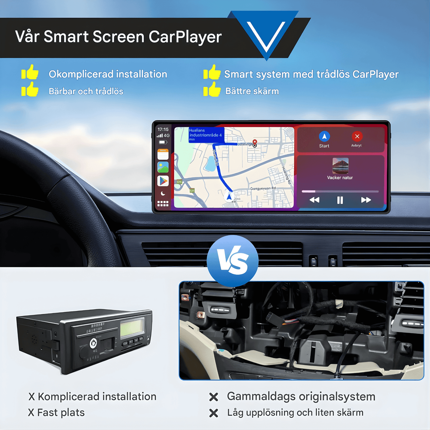DriveView – Universal 10.26" Bilskärm med Trådlös CarPlay/Android Auto, WIFI, Touchscreen & Dubbelkamera-stöd