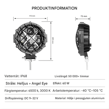 NightRidge – LED Arbetsljus 7” för Bil, Jeep, SUV, ATV, Båt & Arbetsfordon (12/24V, 60W, IP68, 6000K)