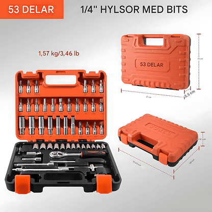 SteelMate - Verktygssats  Bil & Hem | 53-delars Hylsnyckelset med Spärrskaft, Bits & Förlängare i Bärväska