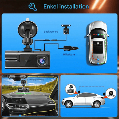 DriveSight – Dashkamera med 3 kameraer, 1080P-video, WiFi og nattsyn for overvåking foran, innvendig og bak