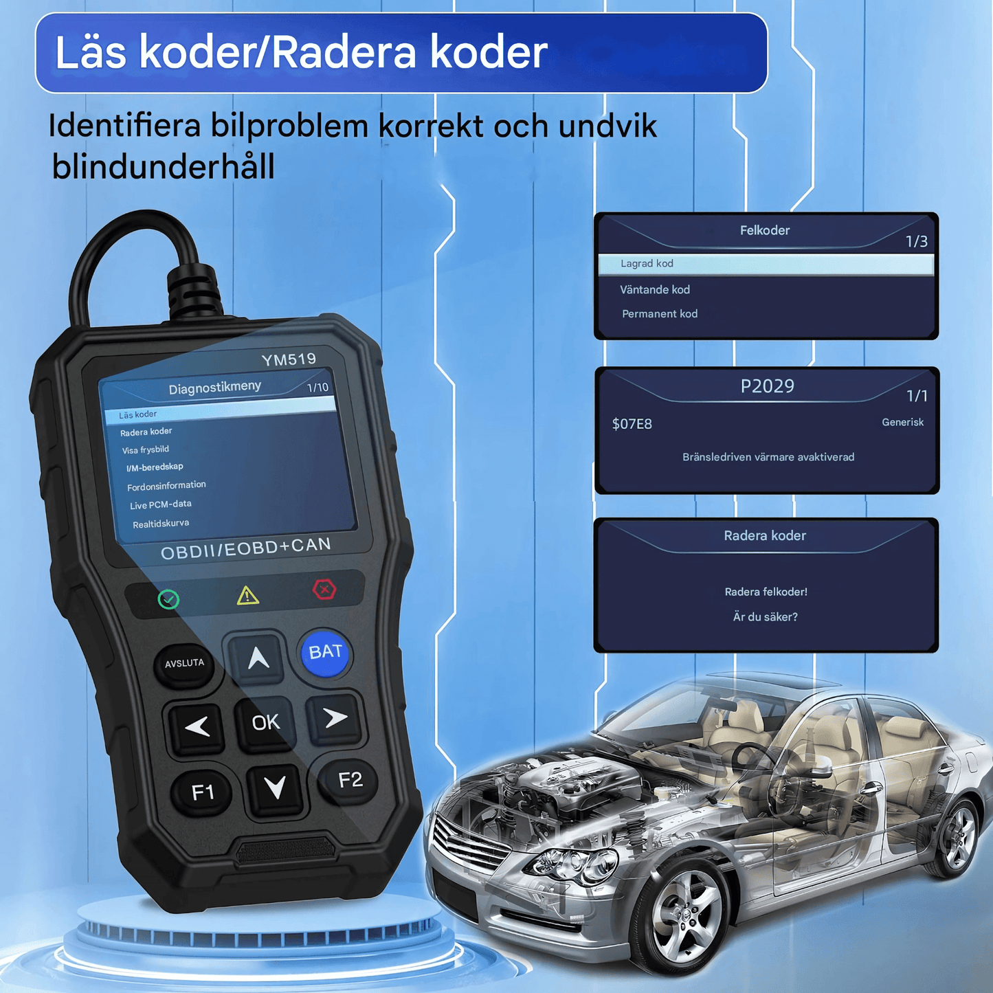 ScanNova - YM519 ProCheck | OBD2 Bilscanner med Batteritest, Felkodsläsare och Realtidsdata