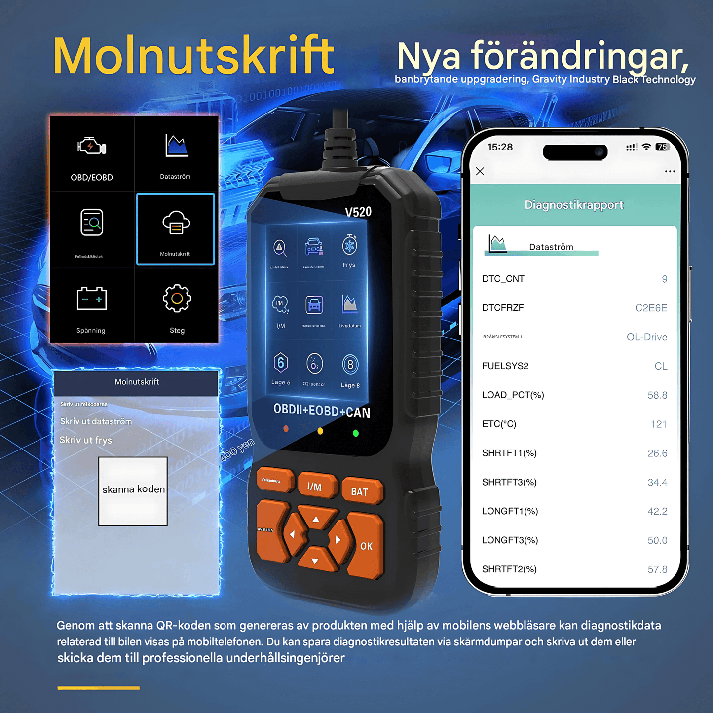 ScanDrive - V520 OBD2 Bilscanner med LiveData, Batteritest & Felkodsläsning för Bensin- och Dieselfordon