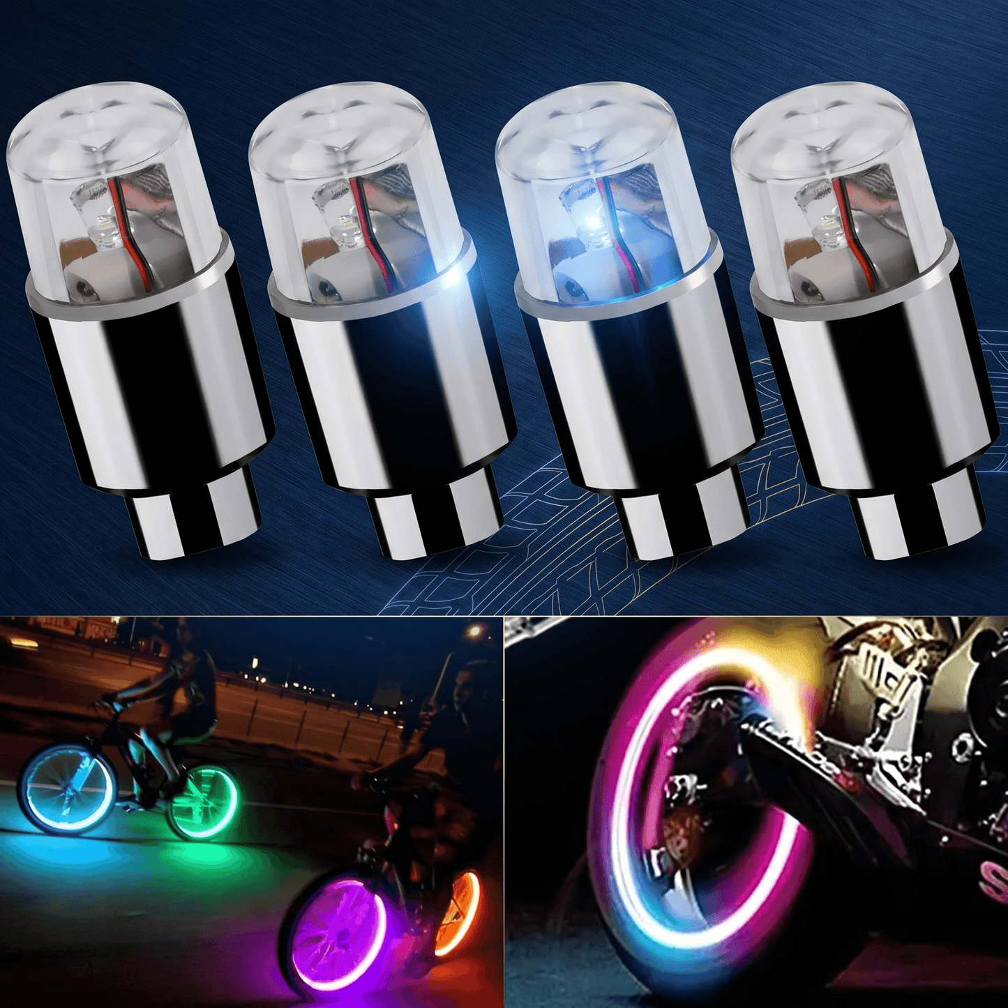 ValveSpark – 4-pack LED Däckventilsljus med Rörelse- och Ljussensor – Automatisk RGB Belysning