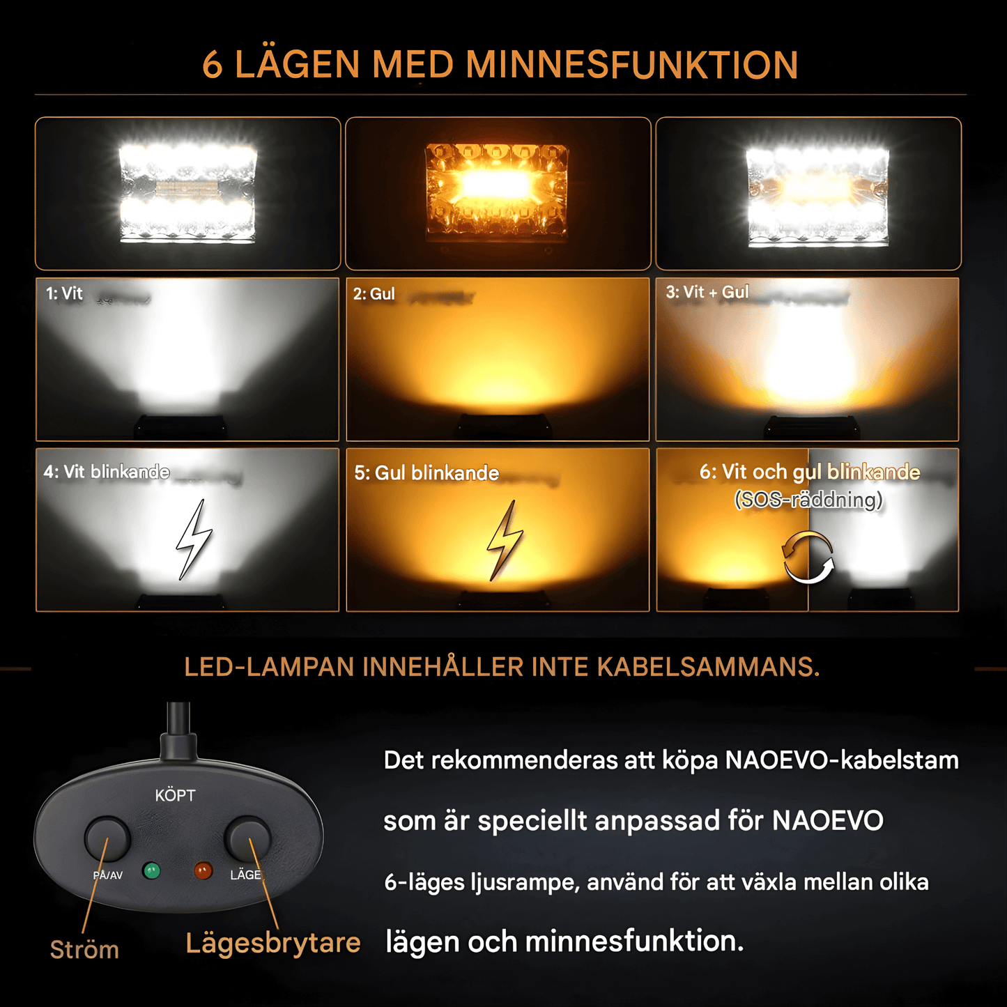 VortexLight - 4" NAOEVO LED-Arbetslampa med Vit/Amber DRL, 120W, IP68 & 6 Ljuslägen för Offroad och Arbetsfordon