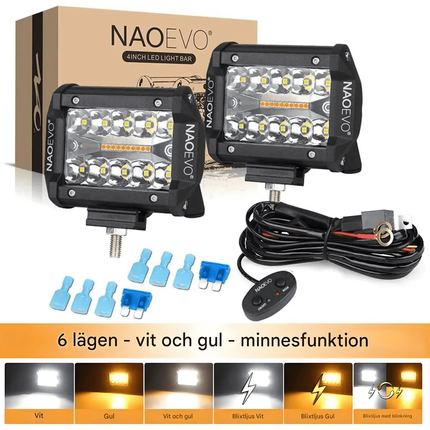 VortexLight - 4" NAOEVO LED-Arbetslampa med Vit/Amber DRL, 120W, IP68 & 6 Ljuslägen för Offroad och Arbetsfordon
