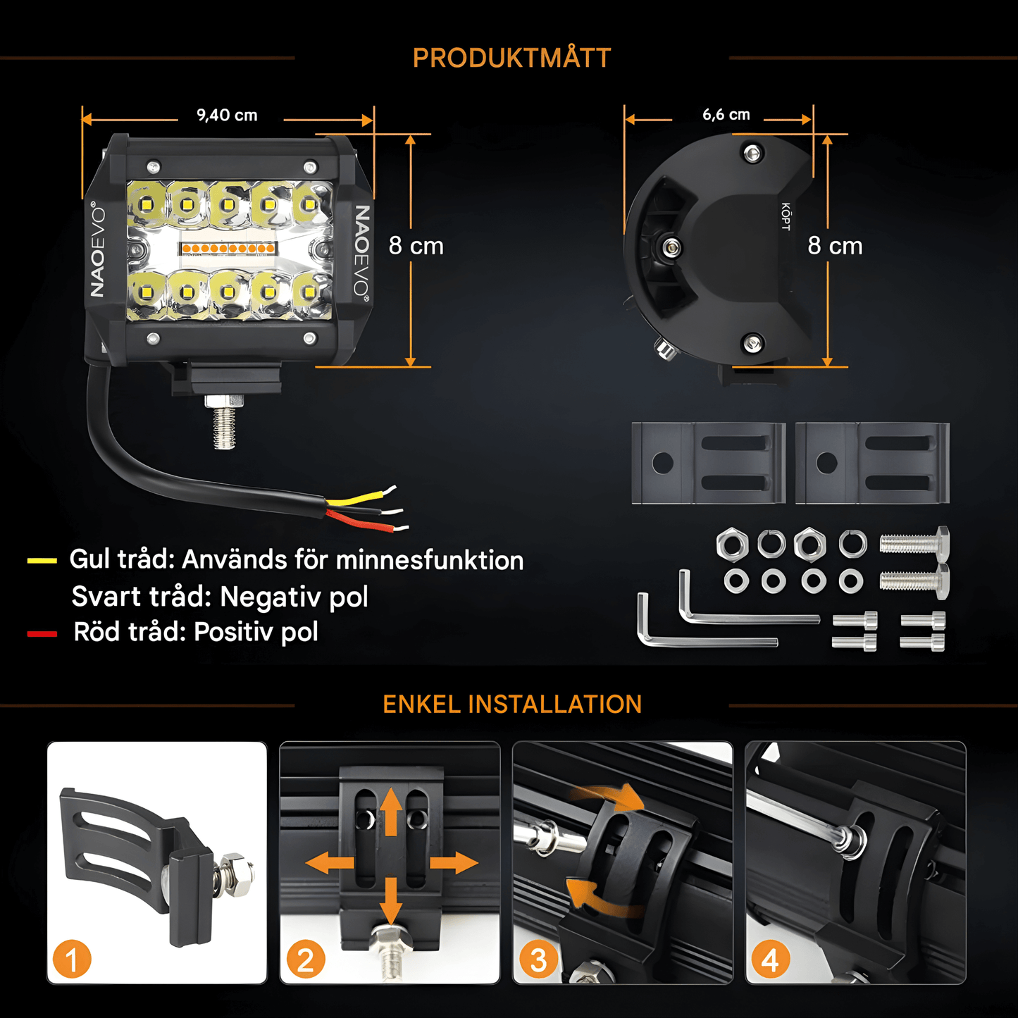 VortexLight - 4" NAOEVO LED-Arbetslampa med Vit/Amber DRL, 120W, IP68 & 6 Ljuslägen för Offroad och Arbetsfordon
