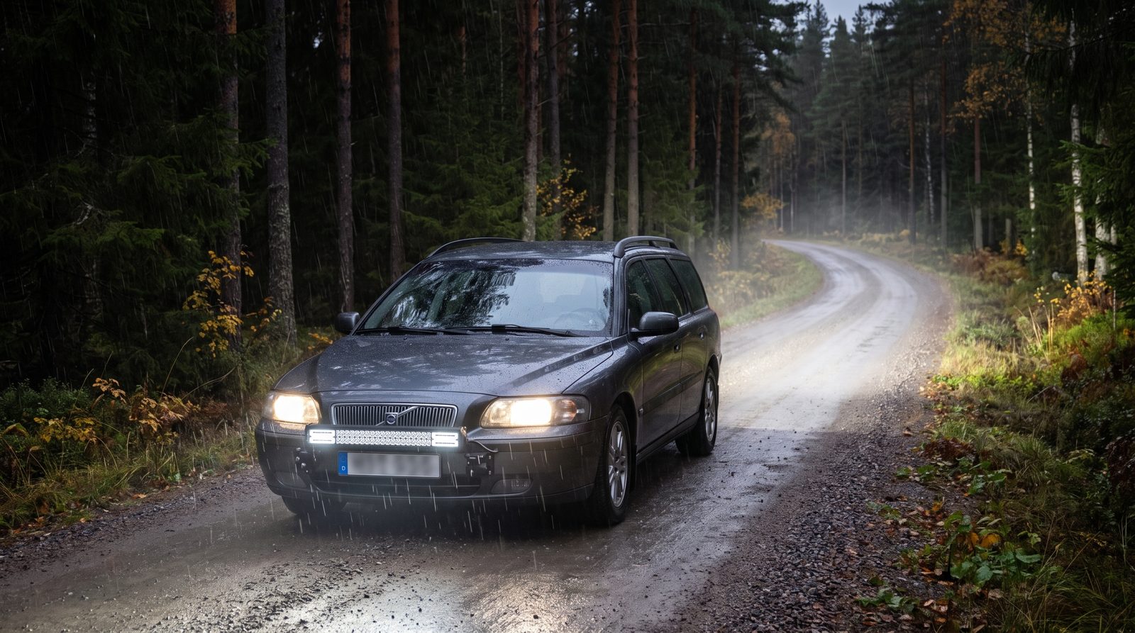 UrbanBeam LED-ramp monterad på en kombi på en skogsväg i skymningen